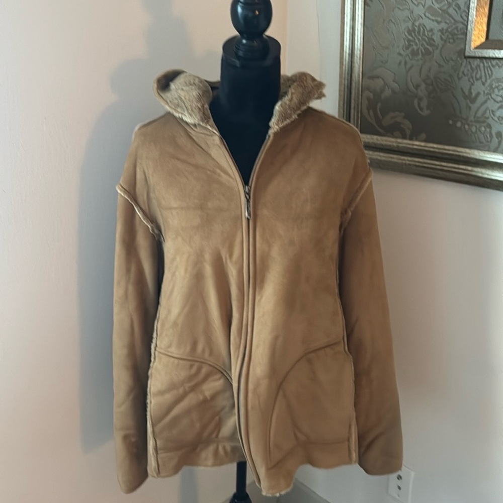AEROS camel tan faux suede‎ / faux fur hooded zip up coat jacket Sz XL